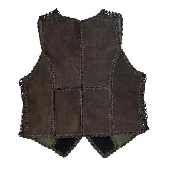 Vintage Patchwork Suede Leather Look Vest Crochet Trim Boho Western Medium